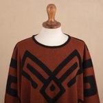 Alpaca blend poncho, 'Inca Contrast' - Black and Russet Alpaca Blend Poncho from Peru