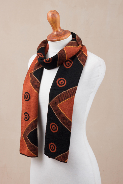 Alpaca blend scarf, 'Black and Pumpkin Andes' - Black and Pumpkin Knit Alpaca Blend Wrap Scarf from Peru
