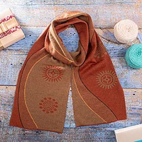 Alpaca blend scarf, 'Pumpkin and Sepia Cosmovision' - Sun Motif Sepia and Pumpkin Alpaca Blend Scarf from Peru