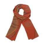 Alpaca blend scarf, 'Pumpkin and Sepia Cosmovision' - Sun Motif Sepia and Pumpkin Alpaca Blend Scarf from Peru