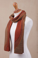 Alpaca blend scarf, 'Pumpkin and Sepia Cosmovision' - Sun Motif Sepia and Pumpkin Alpaca Blend Scarf from Peru