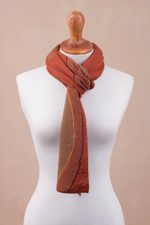 Alpaca blend scarf, 'Pumpkin and Sepia Cosmovision' - Sun Motif Sepia and Pumpkin Alpaca Blend Scarf from Peru