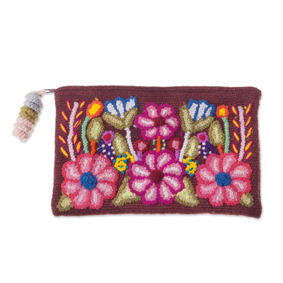 Wool clutch, 'Peruvian Bouquet' - Handwoven Floral Wool Clutch in Mahogany from Peru