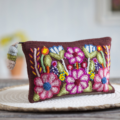 Wool clutch, 'Peruvian Bouquet' - Handwoven Floral Wool Clutch in Mahogany from Peru