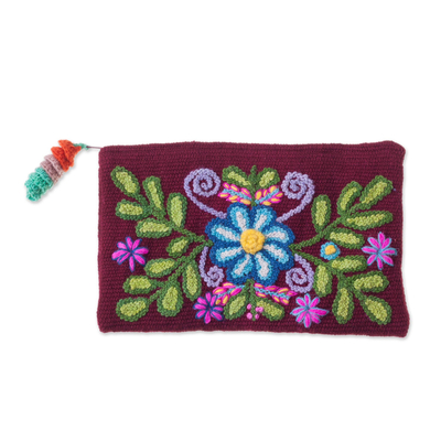 Handwoven Floral Wool Clutch in Maroon from Peru