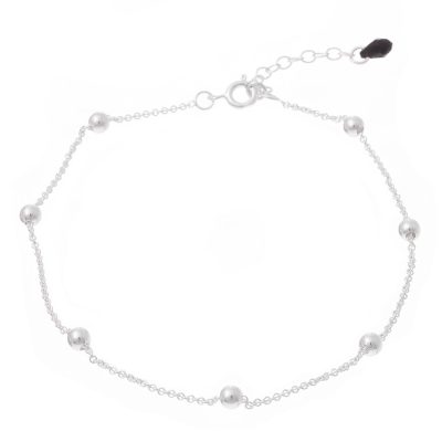 Sterling silver station anklet, 'Black Charm' - Sterling Silver Station Anklet with a CZ Charm from Peru