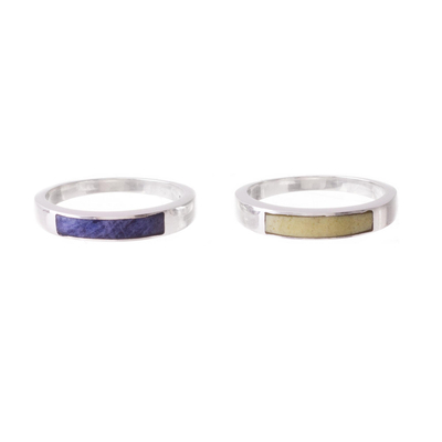 Sodalite and serpentine band rings, 'Dual Enchantment' (pair) - Sodalite and Serpentine Band Rings (Pair)