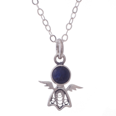 Sodalite filigree pendant necklace, 'Midnight Angel' - Sodalite Angel Filigree Pendant Necklace from Peru