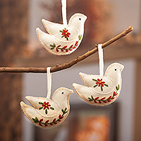 Wool ornaments, 'Alabaster Doves' (set of 3) - Floral Wool Dove Ornaments in Alabaster from Peru (Set of 3)