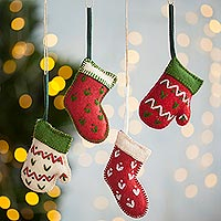 Wool ornaments, 'Stockings and Mittens' (set of 4) - Wool Stocking and Mitten Ornaments from Peru (Set of 4)