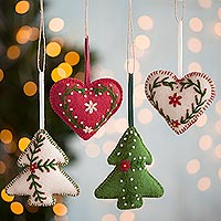 Wool ornaments, 'Trees and Hearts' (set of 4) - Tree and Heart Wool Ornaments from Peru (Set of 4)