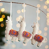 Wool felt ornaments, Andean Llamas in Alabaster (set of 3)