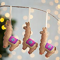 Wool ornaments, 'Andean Llamas in Ginger' (set of 3) - Wool Llama Ornaments in Ginger from Peru (Set of 3)