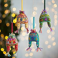 Wool ornaments, 'Colorful Chullos' (set of 4) - Wool Chullo Hat Ornaments from Peru (Set of 4)