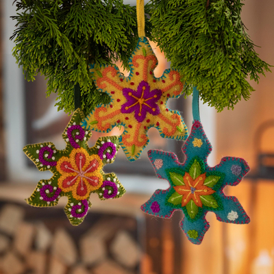 Wool ornaments, Vibrant Snowflakes (set of 3)