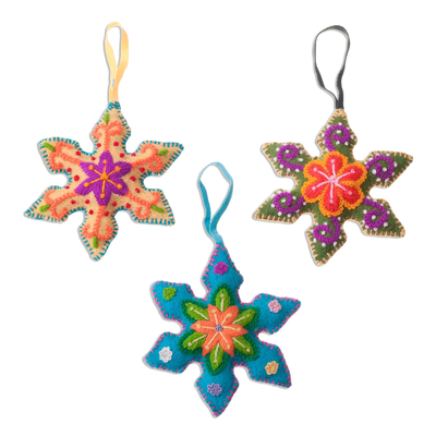 Wool ornaments, 'Vibrant Snowflakes' (set of 3) - Embroidered Wool Snowflake Ornaments from Peru (Set of 3)