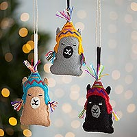 Wool ornaments, 'Sleepy Llamas' (set of 3) - Assorted Wool Llama Ornaments from Peru (Set of 3)