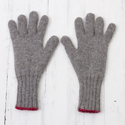 Reversible 100% alpaca gloves, 'Crimson Smoke' - Crimson and Smoke 100% Alpaca Gloves from Peru