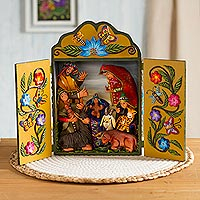 Ceramic and wood retablo, 'Little Celebration' - Cultural Nativity Ceramic and Wood Retablo from Peru