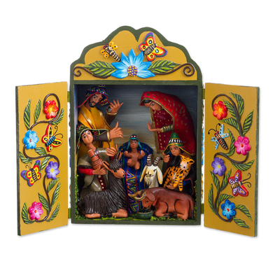 Ceramic and wood retablo, 'Little Celebration' - Cultural Nativity Ceramic and Wood Retablo from Peru