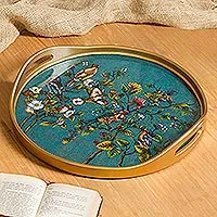 Reverse-painted glass tray, Birds of Spring