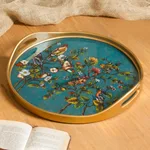 Reverse-painted glass tray, 'Birds of Spring' - Floral Reverse-Painted Glass Tray in Turquoise from Peru