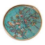 Reverse-painted glass tray, 'Birds of Spring' - Floral Reverse-Painted Glass Tray in Turquoise from Peru