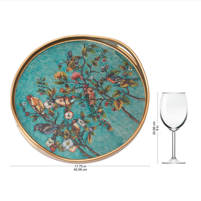 Reverse-painted glass tray, 'Birds of Spring' - Floral Reverse-Painted Glass Tray in Turquoise from Peru