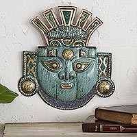 Copper and bronze mask, 'Moche Creation Deity' - Andean Moche Deity Mask in Copper and Bronze with Gemstones