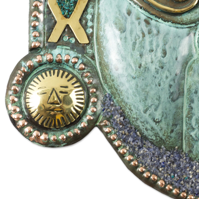 Máscara de cobre y bronce - Mascara Deidad Andina Moche en Cobre y Bronce con Gemas