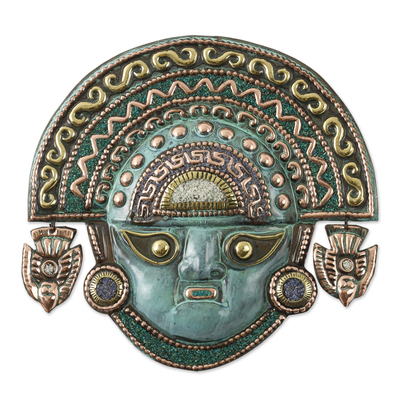 Copper and bronze mask, 'Chavin Ceremonial Blade' - Peruvian Mask in Copper and Bronze with Gemstones