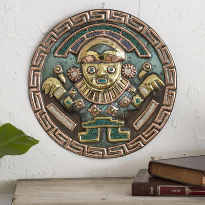 Copper and bronze relief panel, 'Ruler of Sipan' - Andean Relief Panel in Copper and Bronze with Gemstones