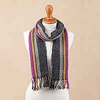 100% alpaca scarf, 'Elegant Contrast' - Grey and Multicolored 100% Alpaca Wrap Scarf from Peru