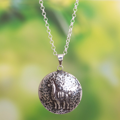 Sterling silver pendant necklace, 'Llama Medallion' - Llama-Themed Sterling Silver Pendant Necklace from Peru