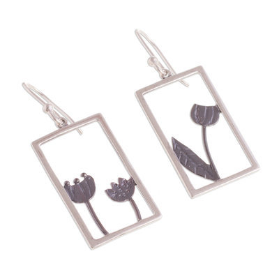 Sterling silver dangle earrings, 'Floral Window' - Rectangular Floral Sterling Silver Dangle Earrings from Peru