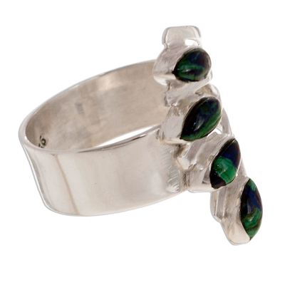 Azurite multi-stone ring, 'Radiant Leaves' - Azurite and Silver Multi-Stone Ring from Peru