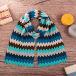 Alpaca blend scarf, 'Oceanic Zigzags' - Oceanic Zigzag Pattern Alpaca Blend Wrap Scarf from Peru