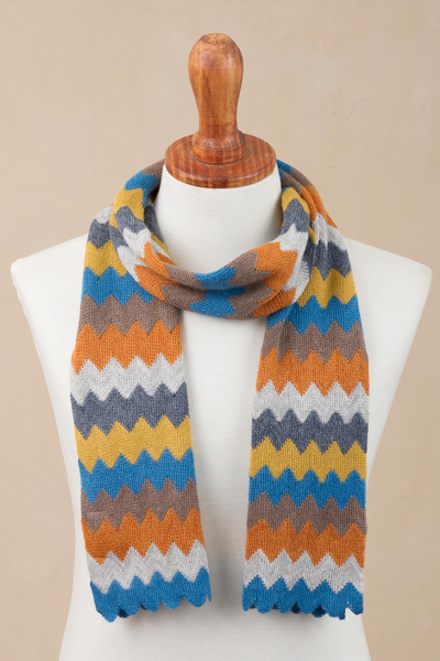 Alpaca blend scarf, 'Autumnal Zigzags' - Autumnal Zigzag Alpaca Blend Wrap Scarf from Peru
