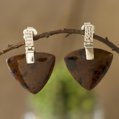 Mahogany obsidian dangle earrings, 'Dark Arrows' - Arrow-Shaped Mahogany Obsidian Dangle Earrings from Peru