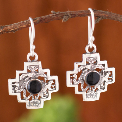 Onyx dangle earrings, 'Andean Trilogy Chakana' - Onyx Chakana Cross Dangle Earrings from Peru