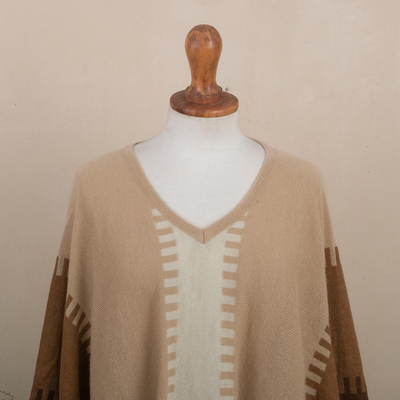 100% alpaca poncho, 'Subtle Paths in Brown' - 100% Alpaca Poncho with Brown Patterns from Peru