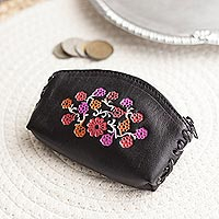 Leather coin purse, 'Floral Keeper in Black'