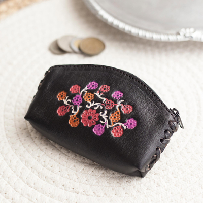 Leather coin purse, 'Floral Keeper in Black' - Floral Leather Coin Purse in Black from Peru