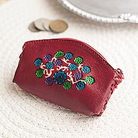Leather coin purse, 'Floral Keeper in Cherry' - Floral Leather Coin Purse in Cherry from Peru