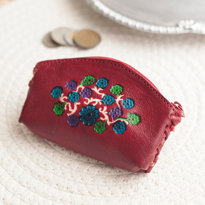 Leather coin purse, Floral Keeper in Cherry