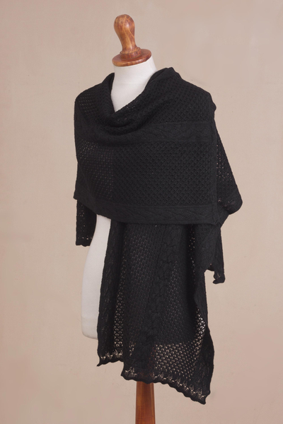 Alpaca blend shawl, 'Midnight Dew' - Peruvian Black Alpaca Blend Knitted Shawl