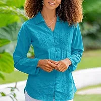 Cotton blouse, 'Lily of the Incas in Turquoise' - Turquoise Cotton Button-Up Blouse