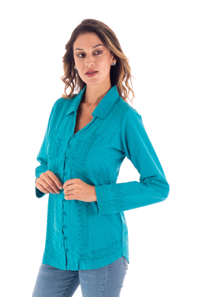 Turquoise Cotton Button-Up Blouse - Lily of the Incas in Turquoise | NOVICA