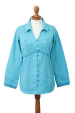 Cotton blouse, 'Lily of the Incas in Turquoise' - Turquoise Cotton Button-Up Blouse