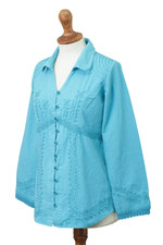 Cotton blouse, 'Lily of the Incas in Turquoise' - Turquoise Cotton Button-Up Blouse